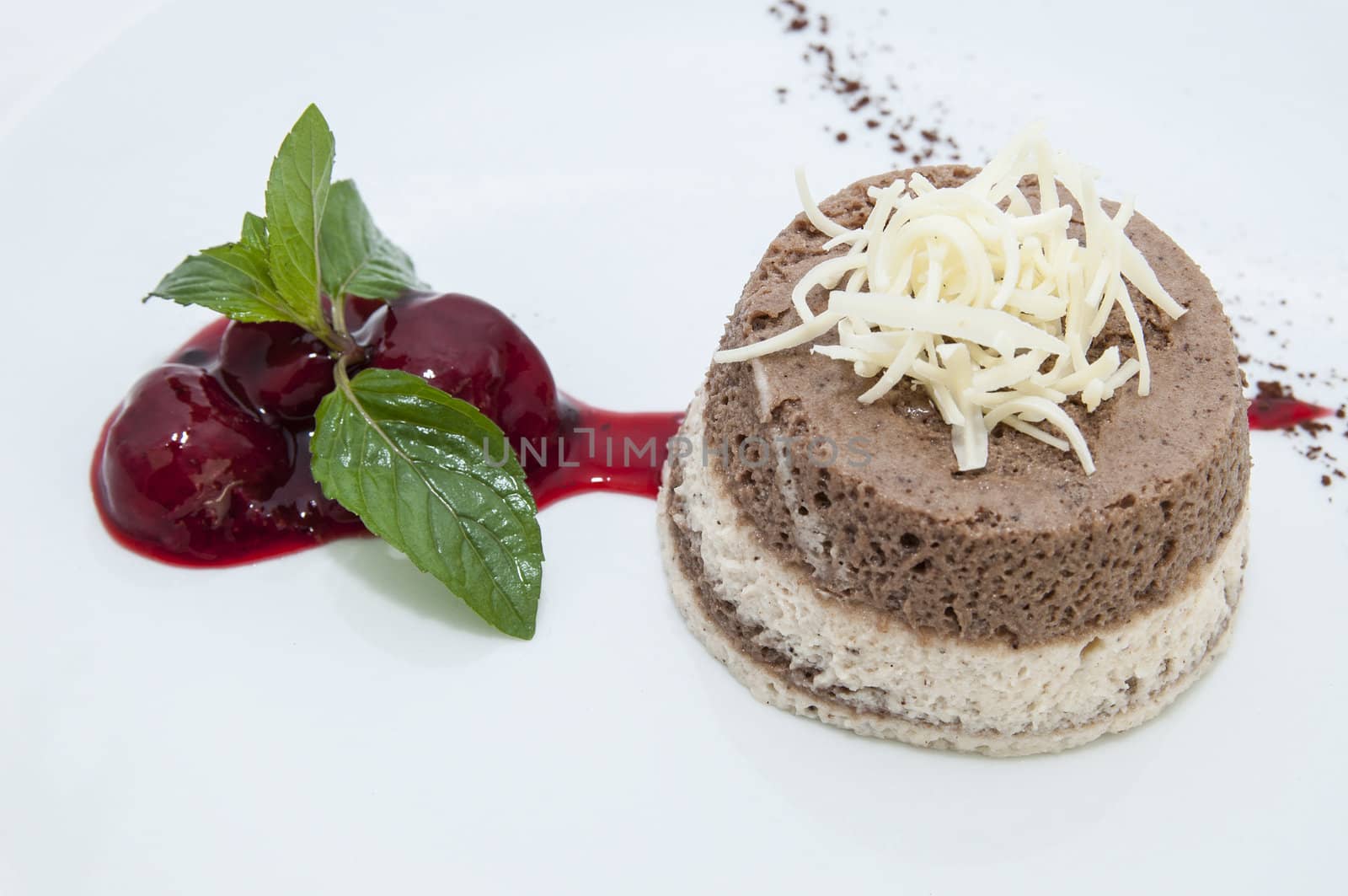 a piece of cream cake decorated with chocolate and mint