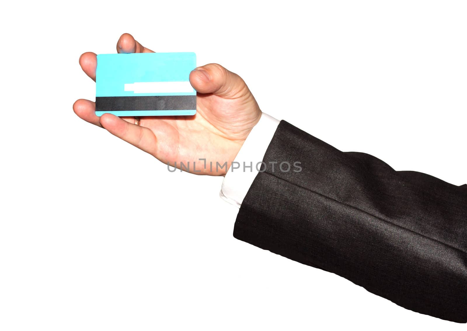 Businessman's hand holding blue credit cards 03. Isolated on white background 