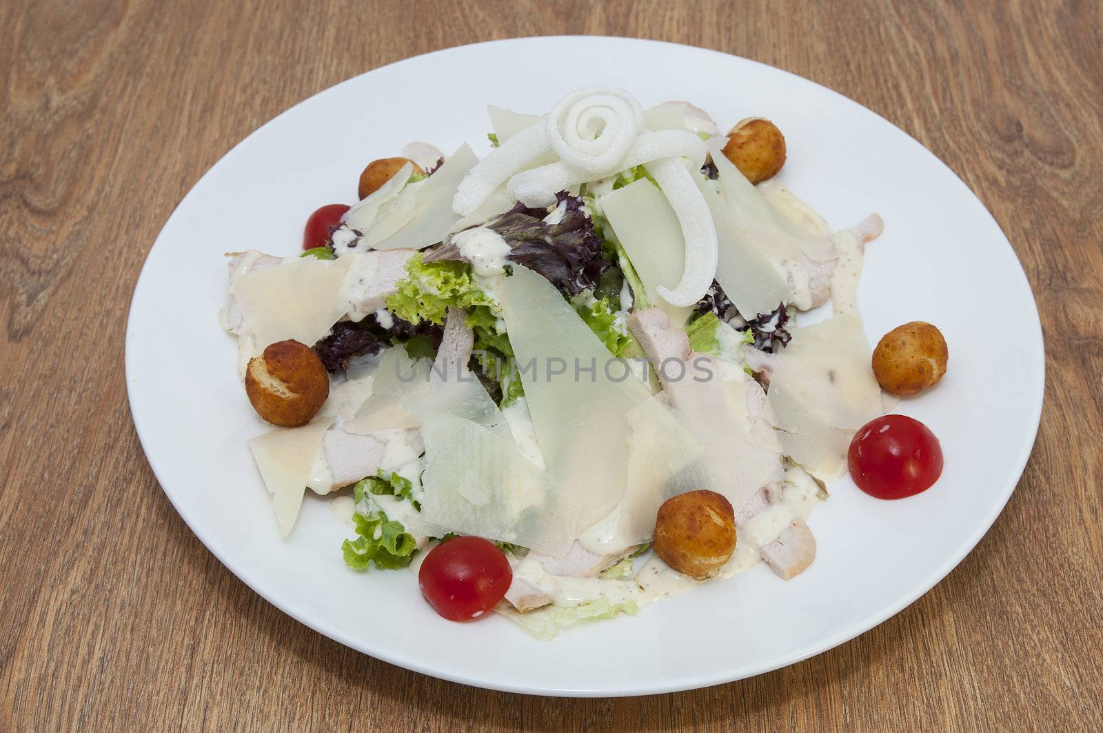 salad with cheese, meat and vegetables