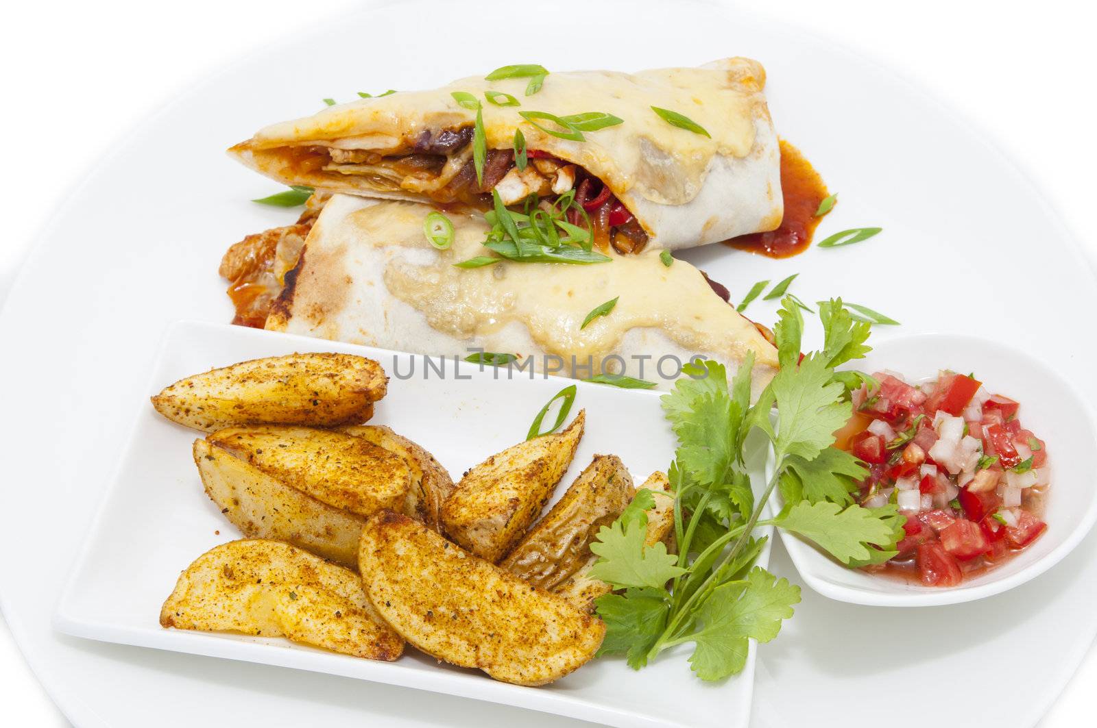 Mexican food dishes at the restaurant on a white background