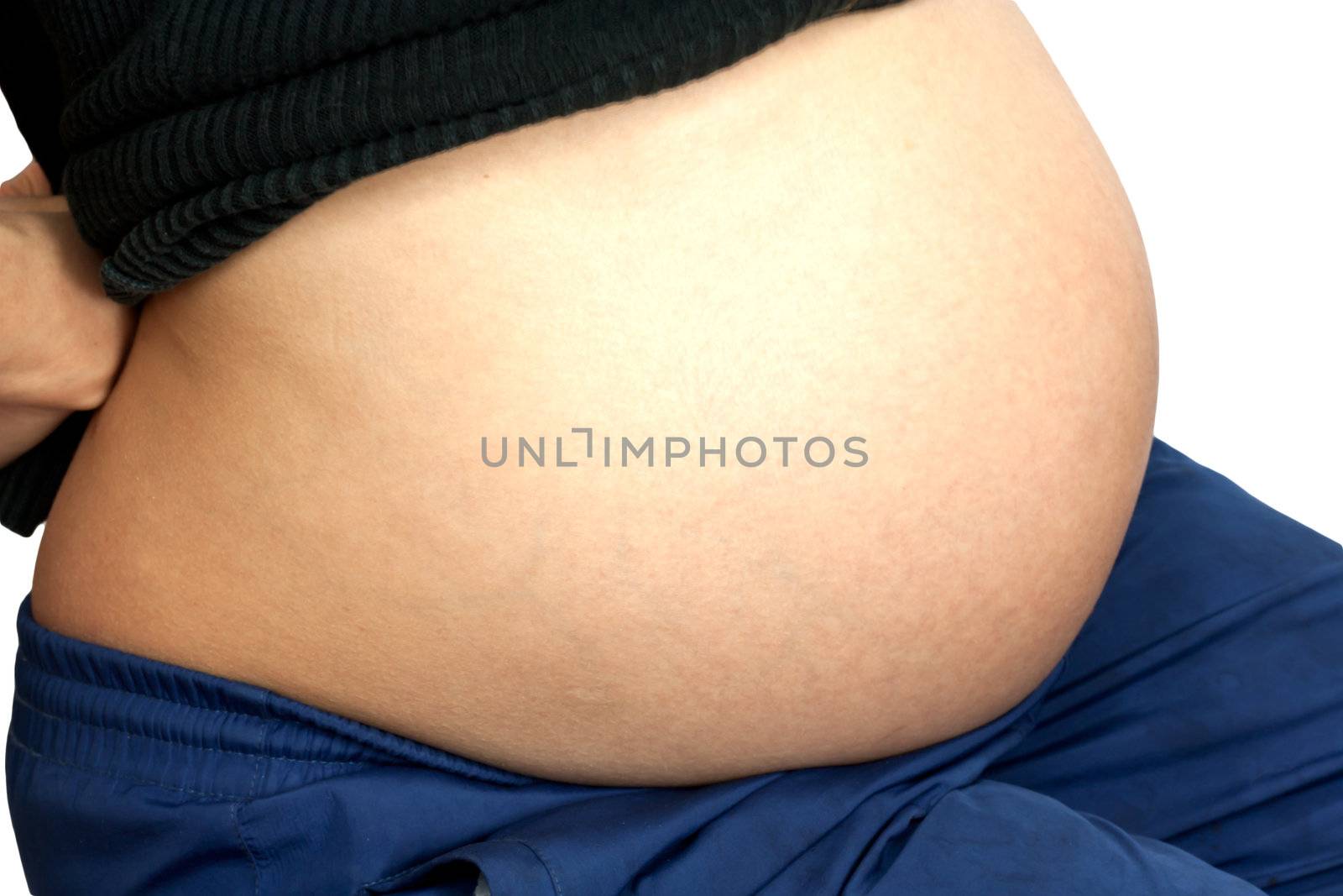 Naked pregnant woman on white background 