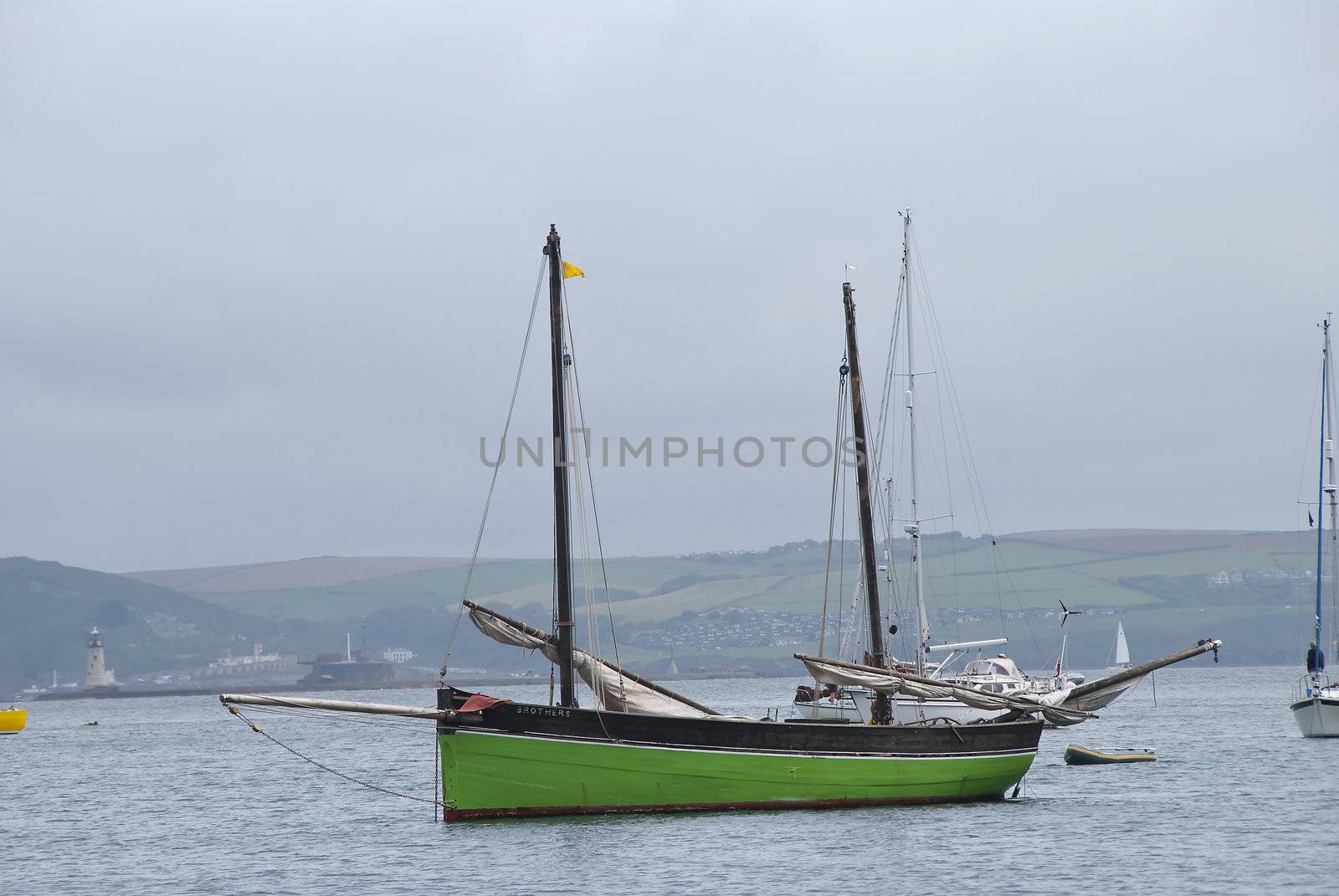 A Green and Black Cornish Fishing Lugger