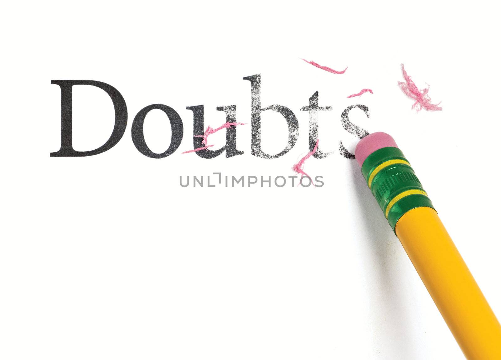 Close up of a yellow pencil erasing the word, 'Doubts.' Isolated on white.