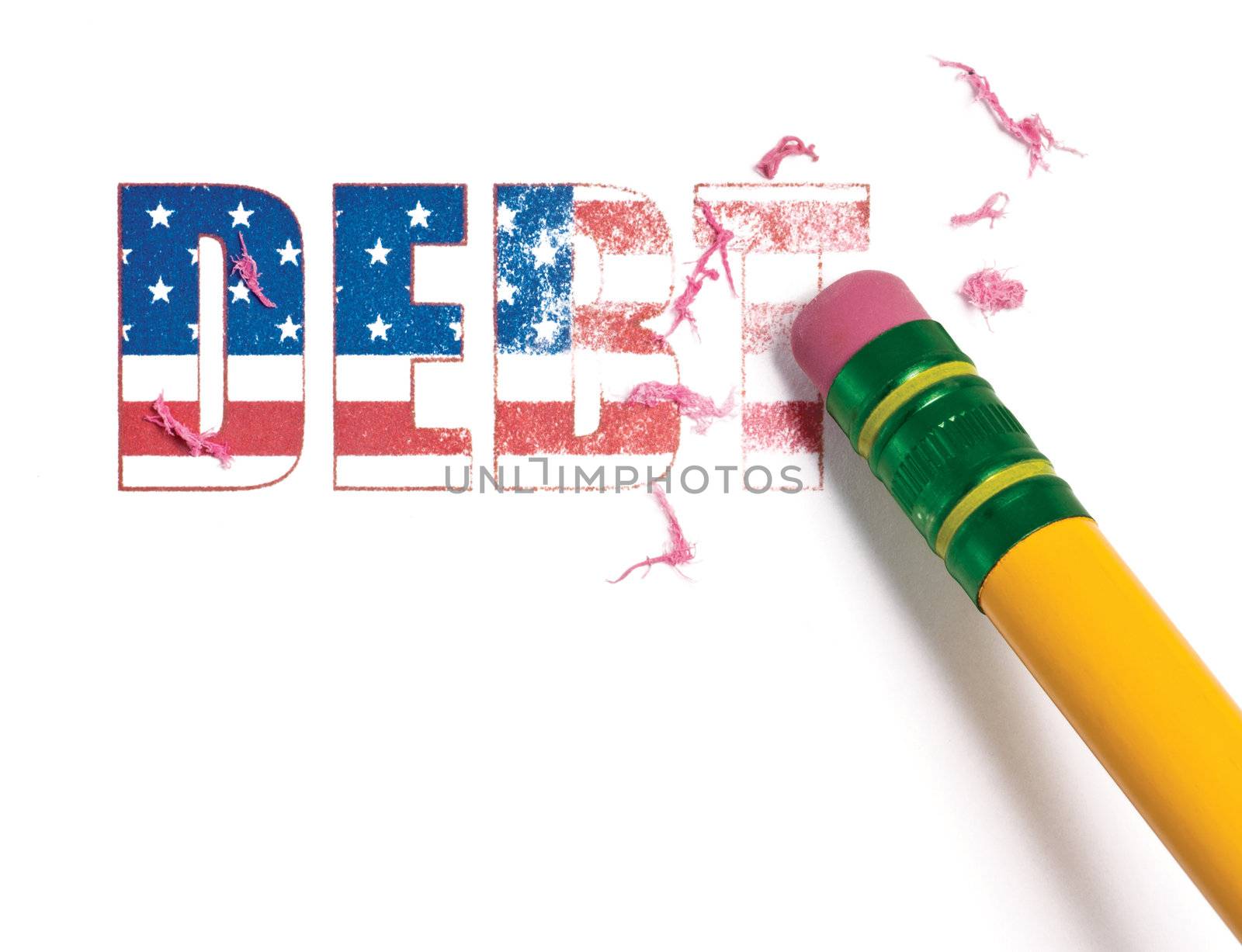 Close up of a pencil erasing the word, 'debt' filled with the United States flag.  Isolated on white.