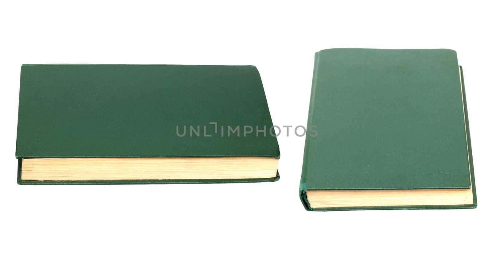 Green books on white background isolated 