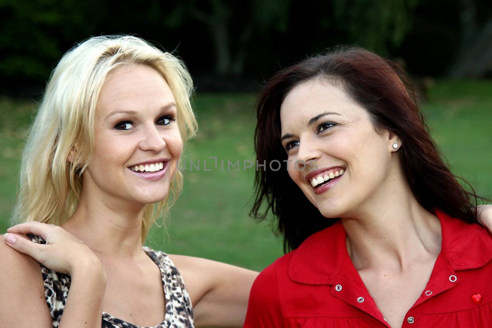 Two gorgeous smiling young women friends chatting together