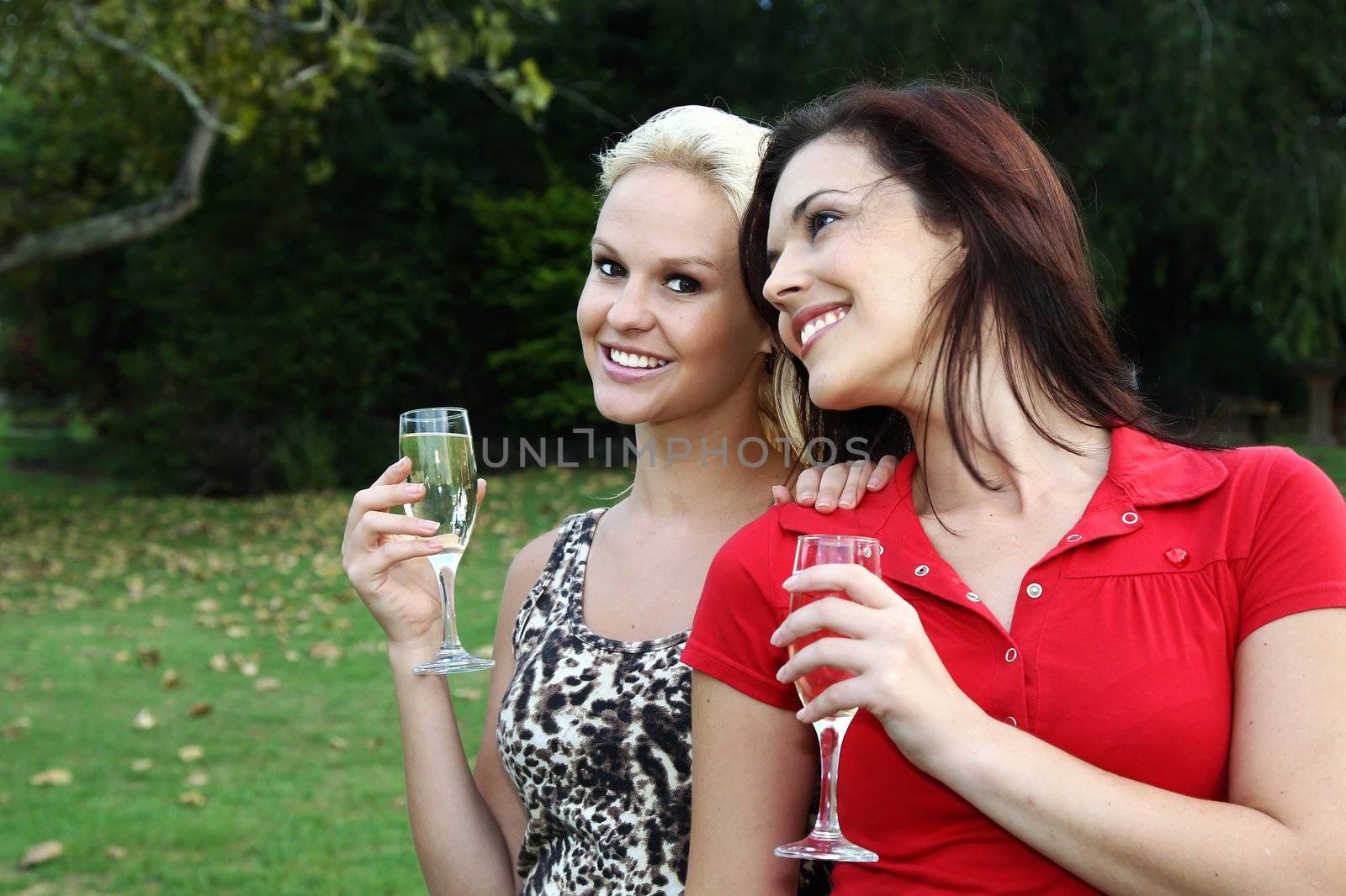 Pretty brunette and blonde women friends enjoying a glass of wine outdoors