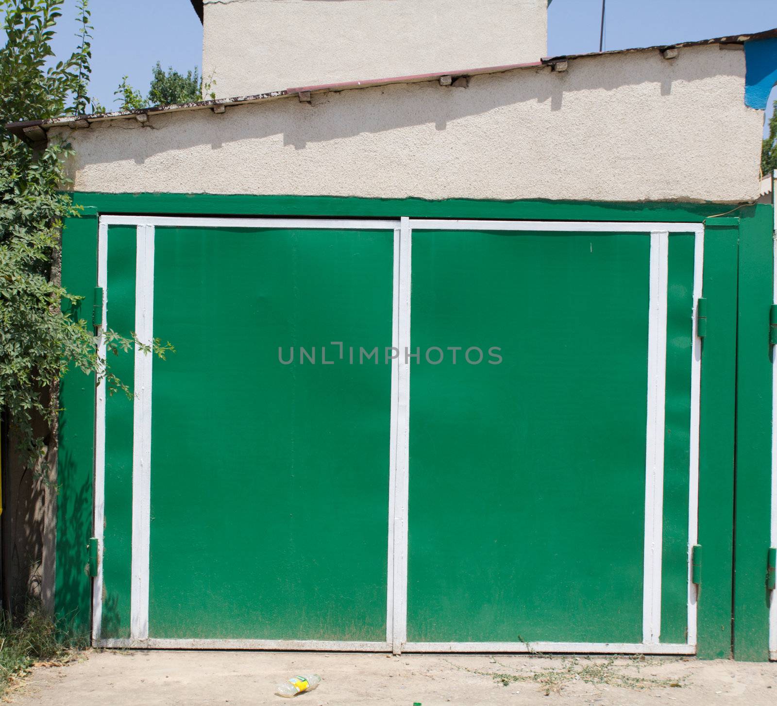 green garage door of the house