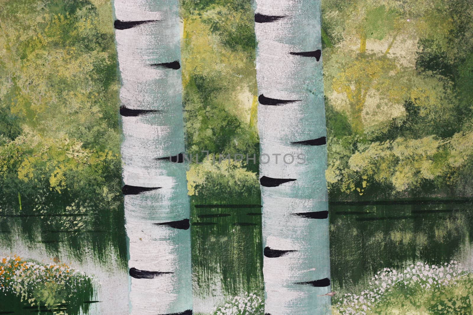 Close up of the birch trunk located on a birchwood background 