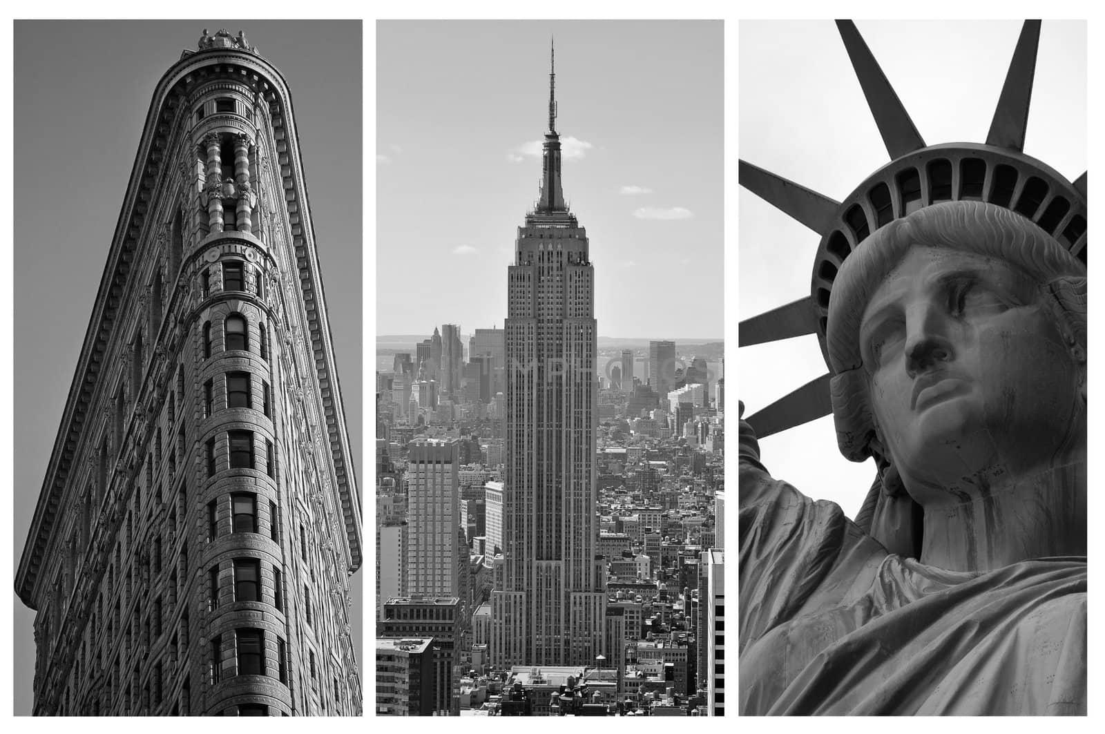 NEW YORK - SEPTEMBER 5: New York black and white triptych featuring the Flat Iron building, the Empire States Building and the Statue of Liberty, city landmarks, on September 5, 2010 in New York, NY