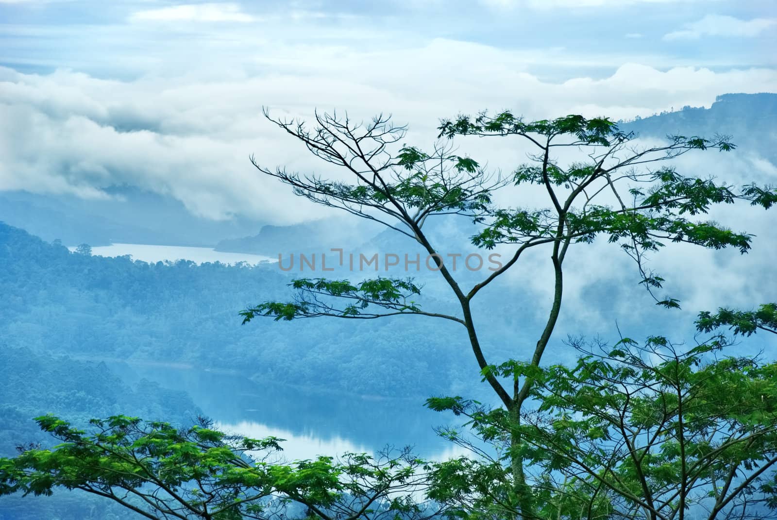 Evening landscape with mountain lakes of Ceylon