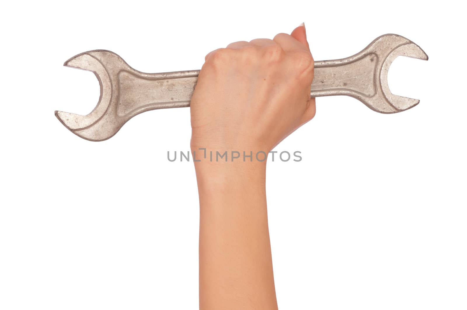 woman holding chrome vanadium spanner in the hand