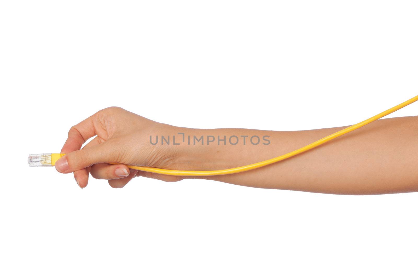 woman holding LAN cord in the hand
