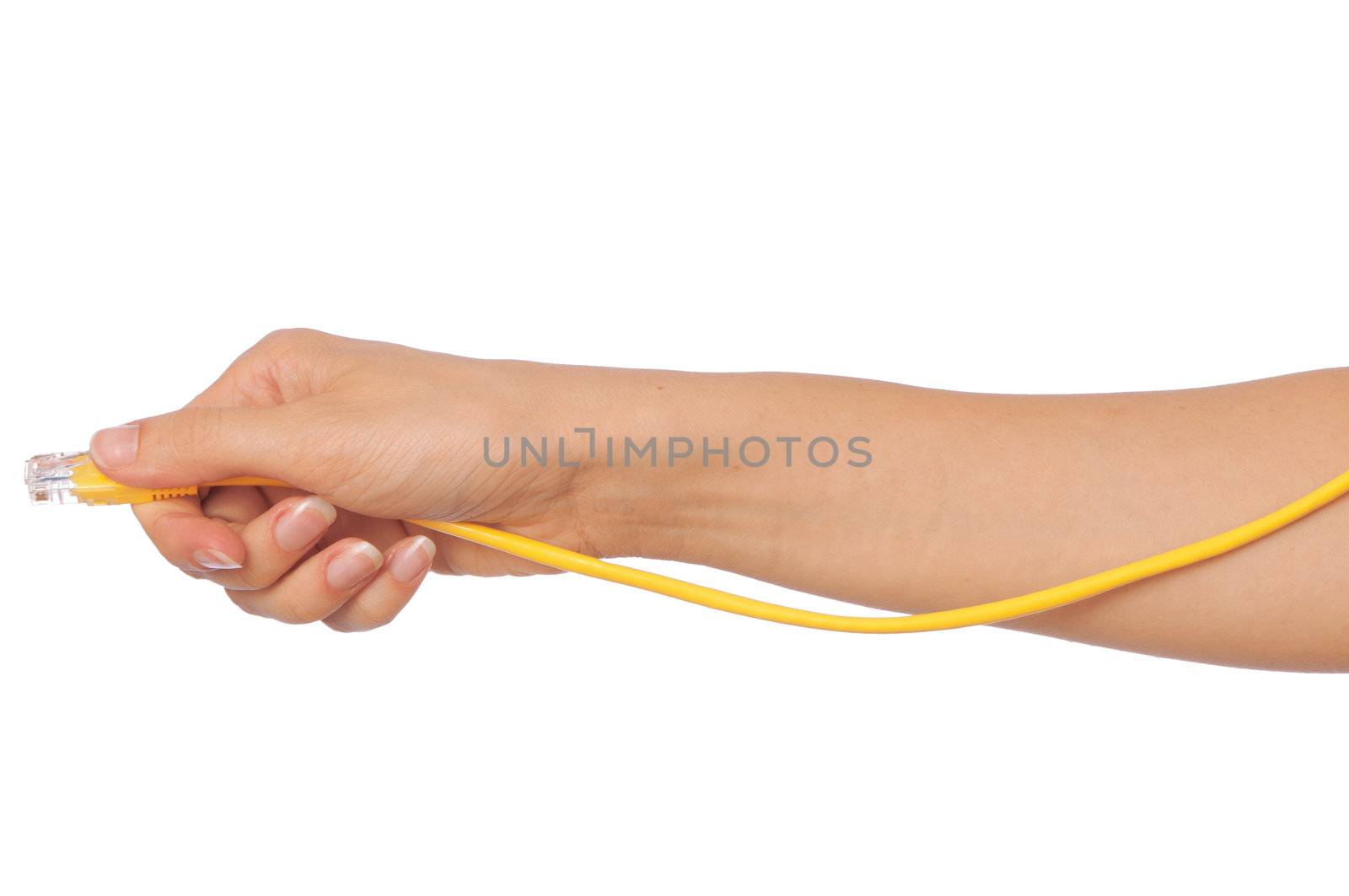 woman holding LAN cord in the hand