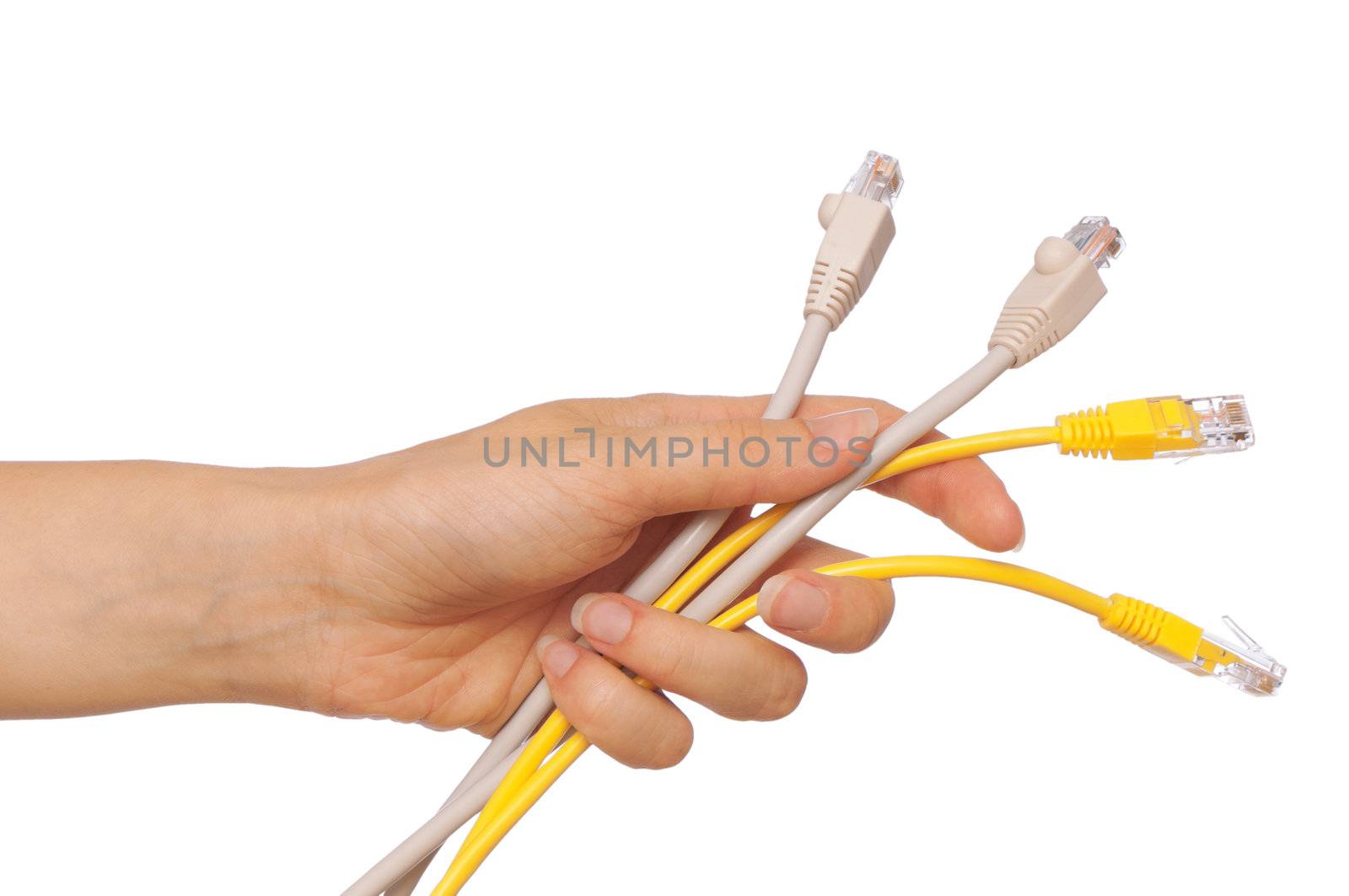 woman holding power LAN cord in the hand