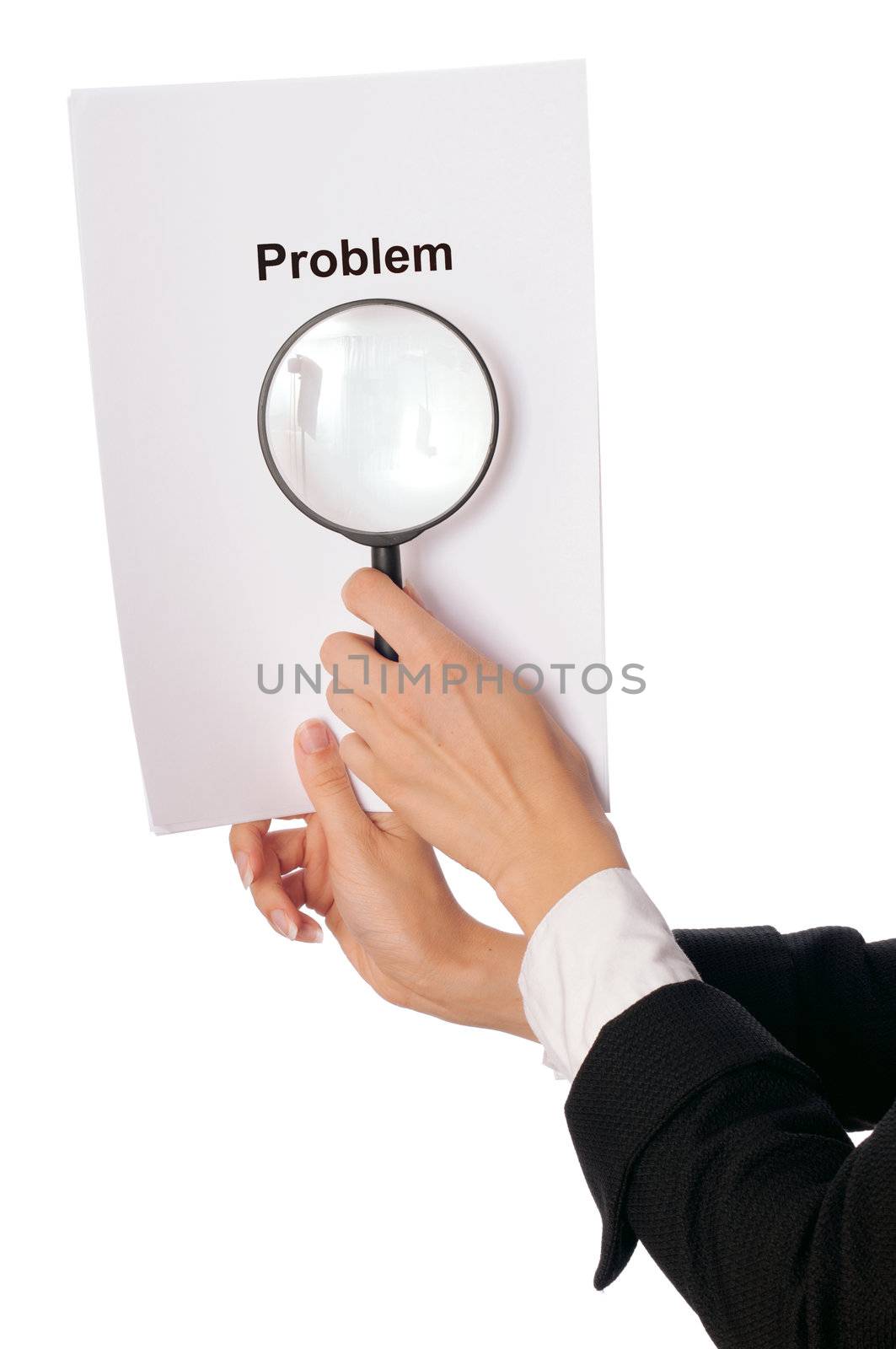 businesswoman in black suit holds a list of problems in the hands