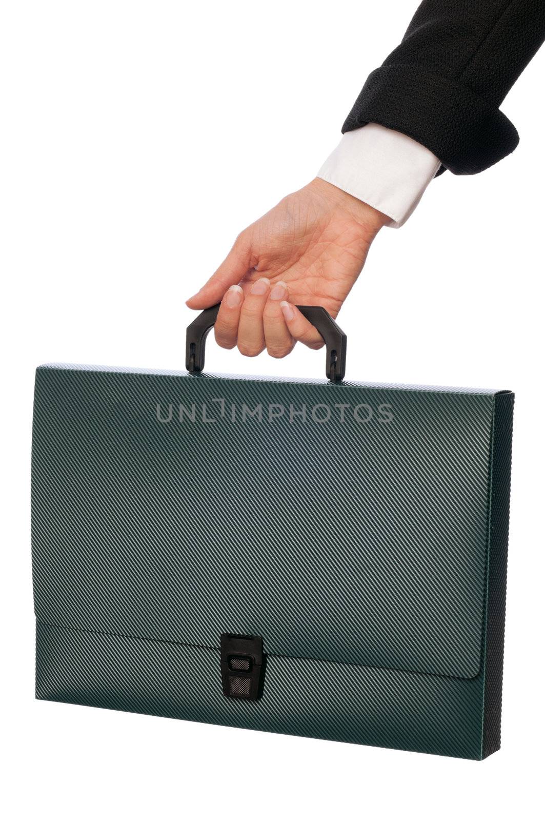 Green suitcase with blank of contracts for new employees