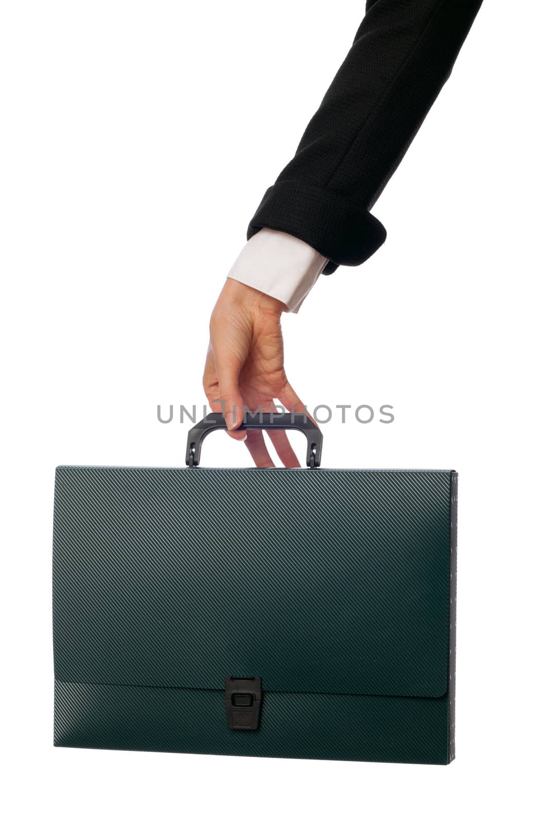 Green suitcase with blank of contracts for new employees