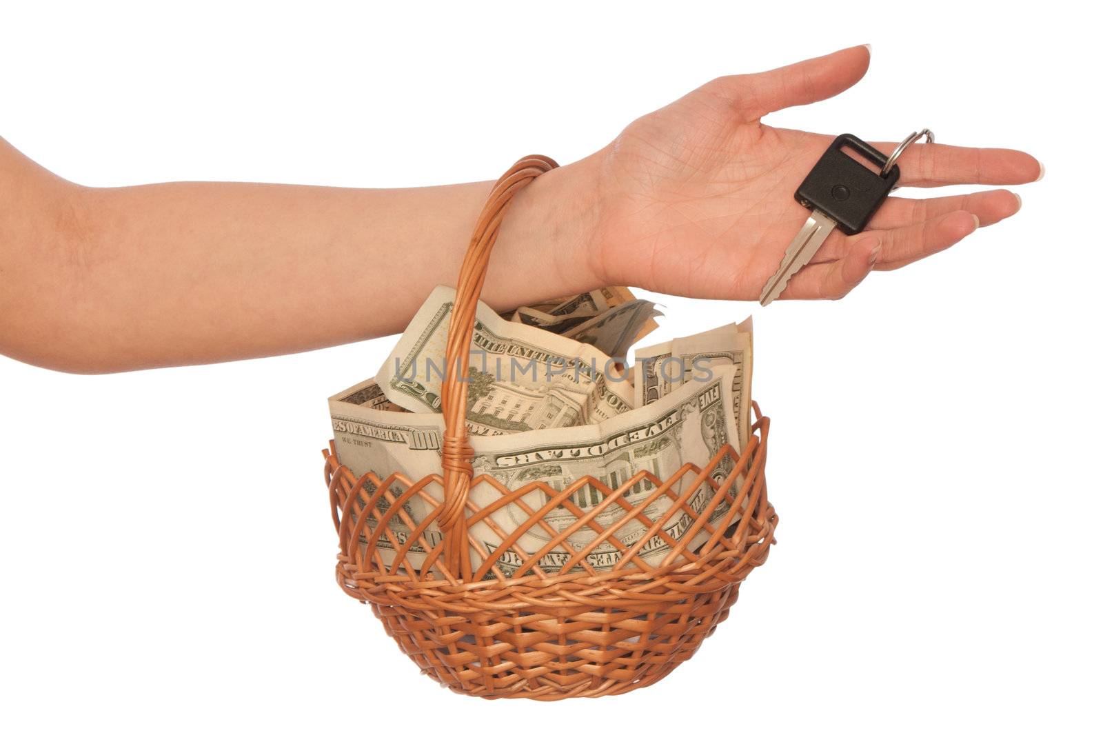 businesswoman owns the basket with dollars for stable business