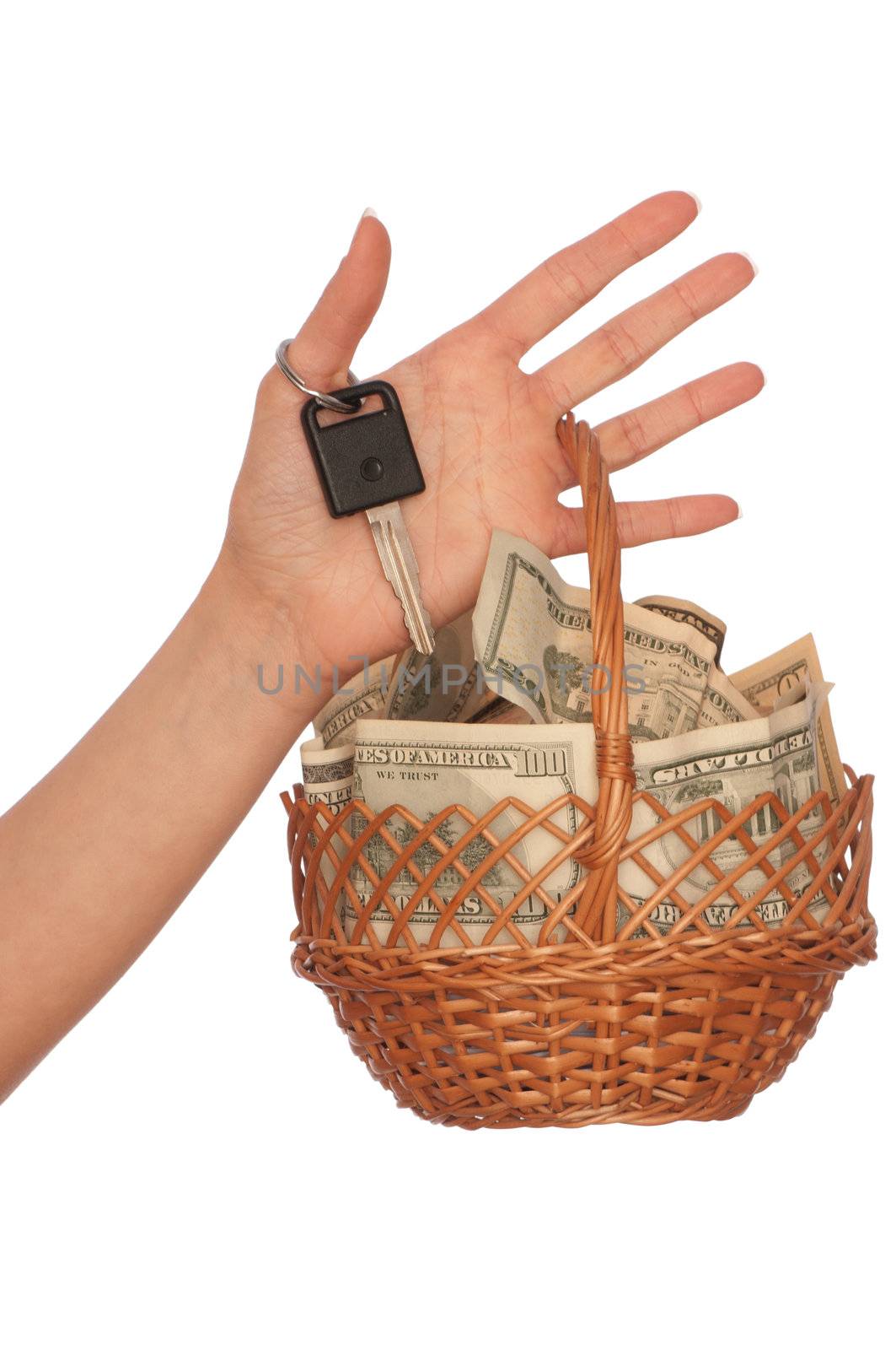 businesswoman owns the basket with dollars for stable business