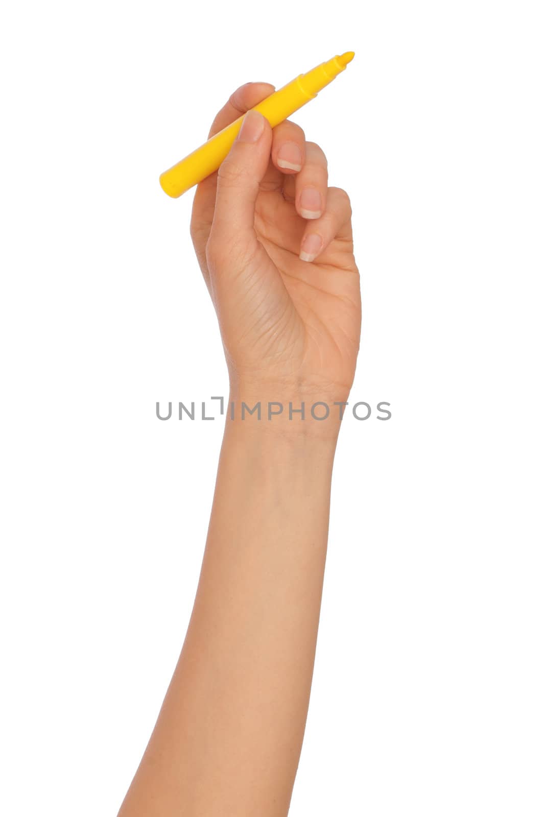 businesswoman drawing scheme with yellow felt-tip pen