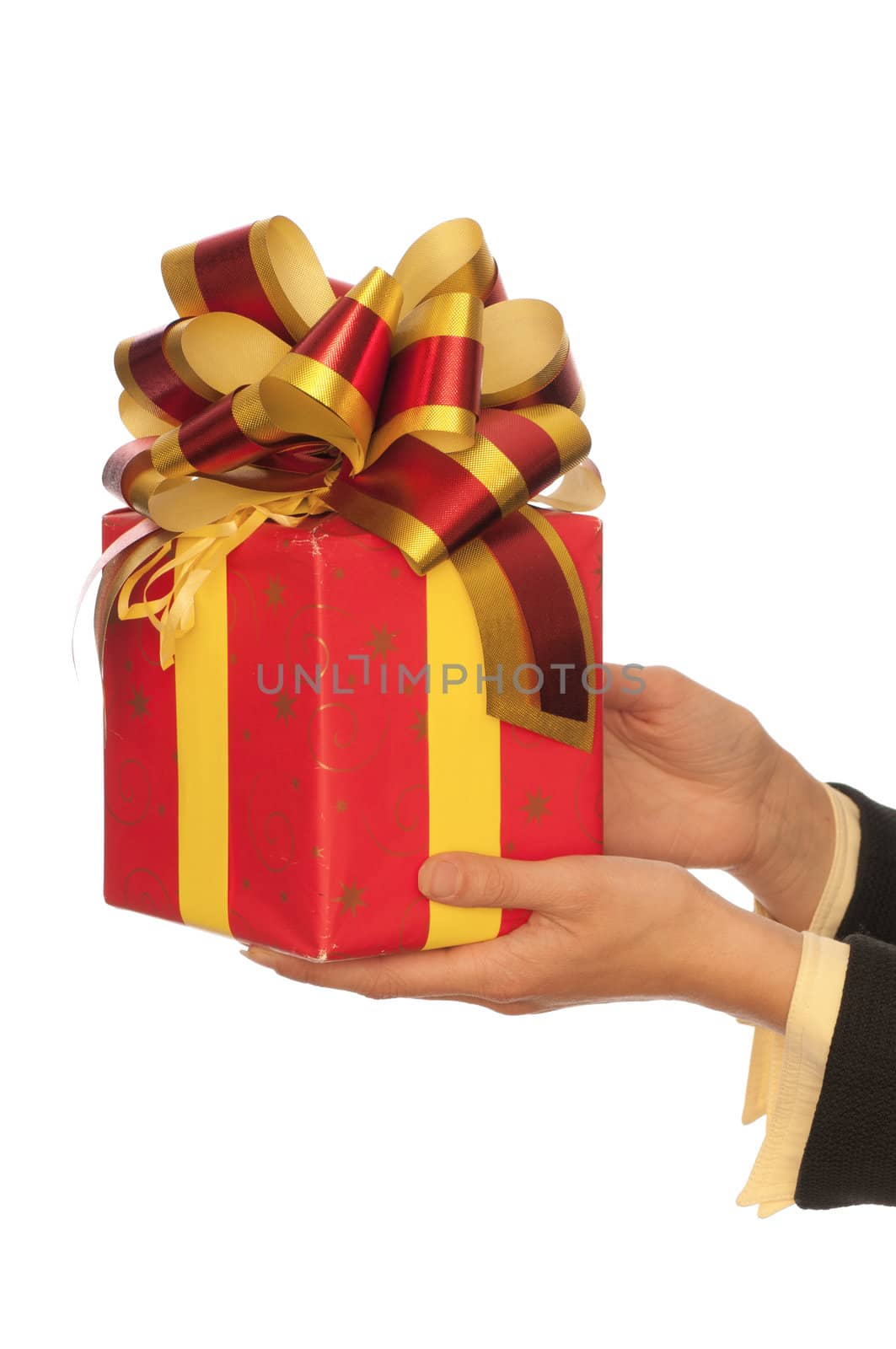 woman giving a red box with yellow bow as a gift