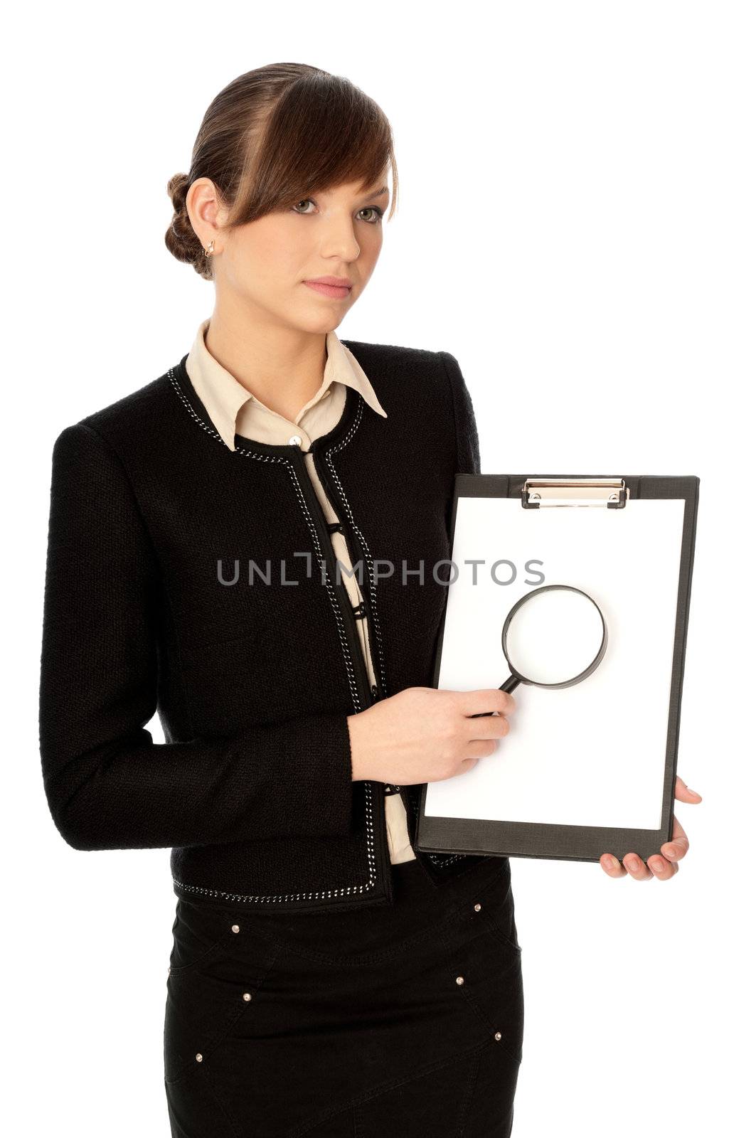 New worker making presentation with the white blank paper and a magnifier