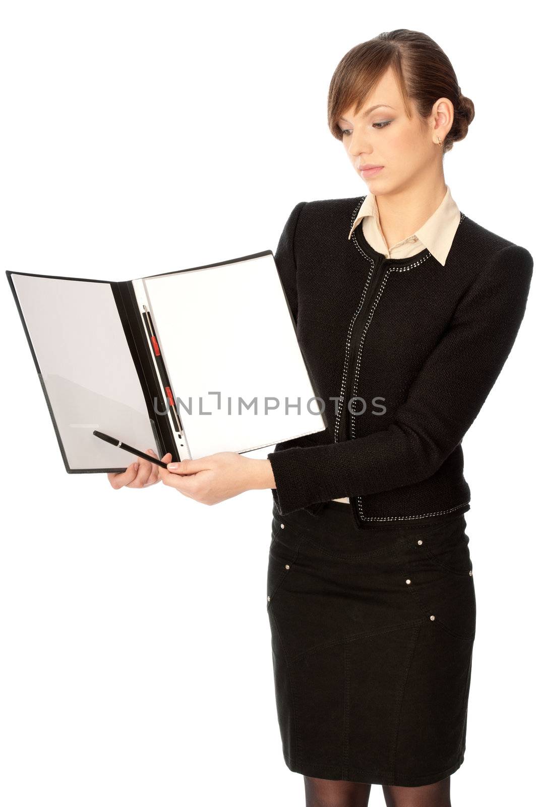 The new worker holds the white blank paper in the folder and making presentation