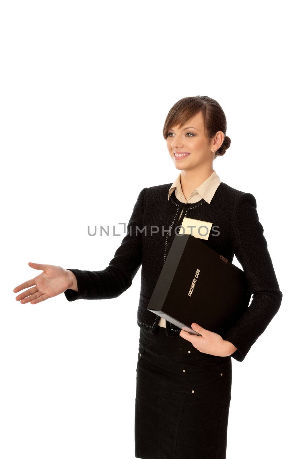 woman showing her badge at the entrance of meeting room and gives hand for a handshake
