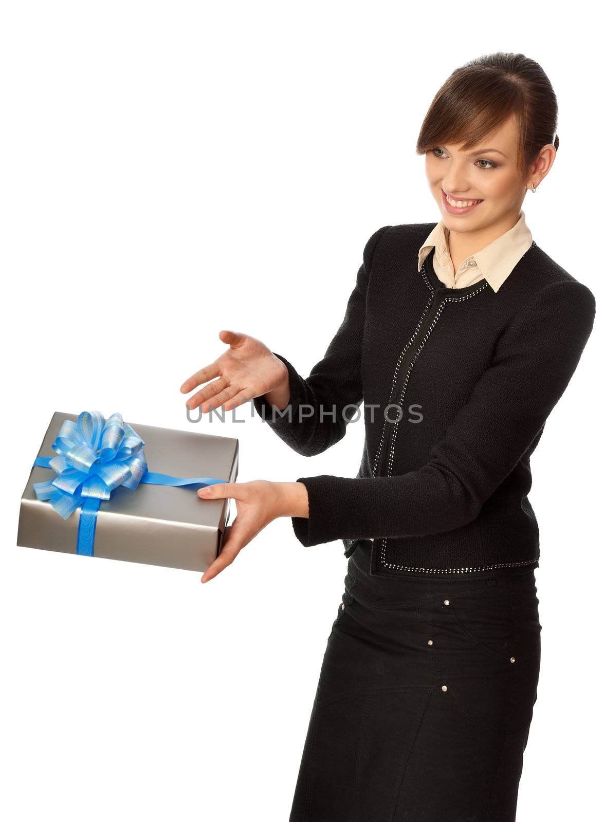 Woman giving a silver box with blue bow as a gift