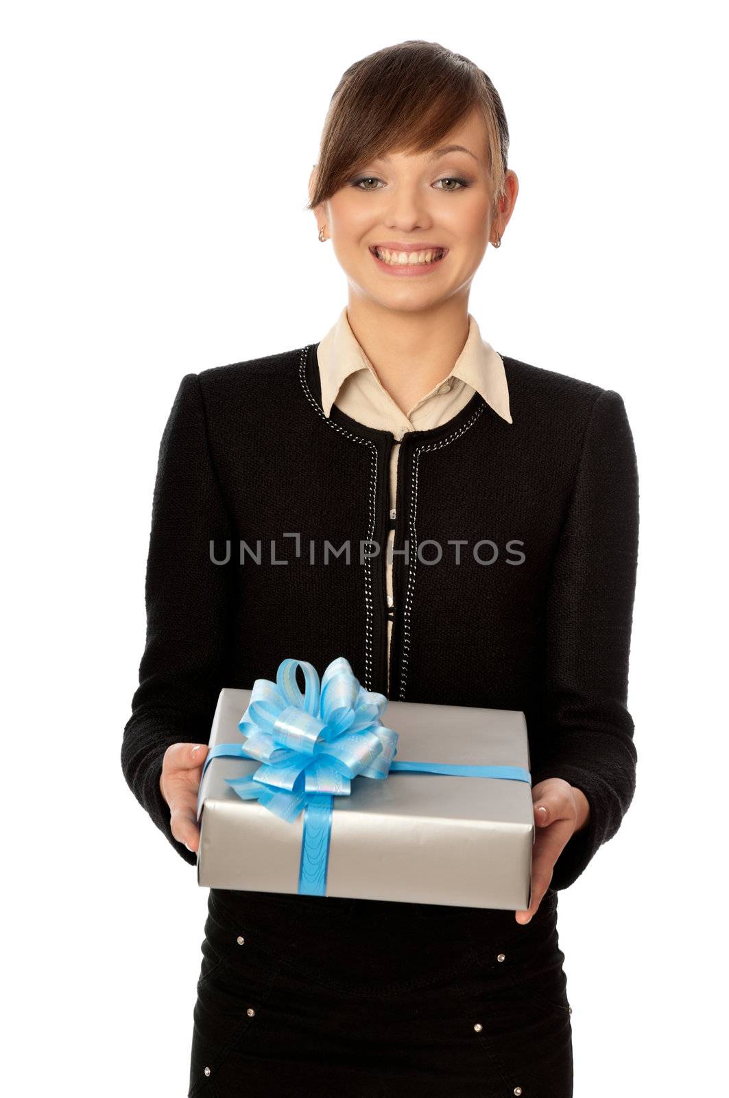 Woman holding a silver box with blue bow as a present