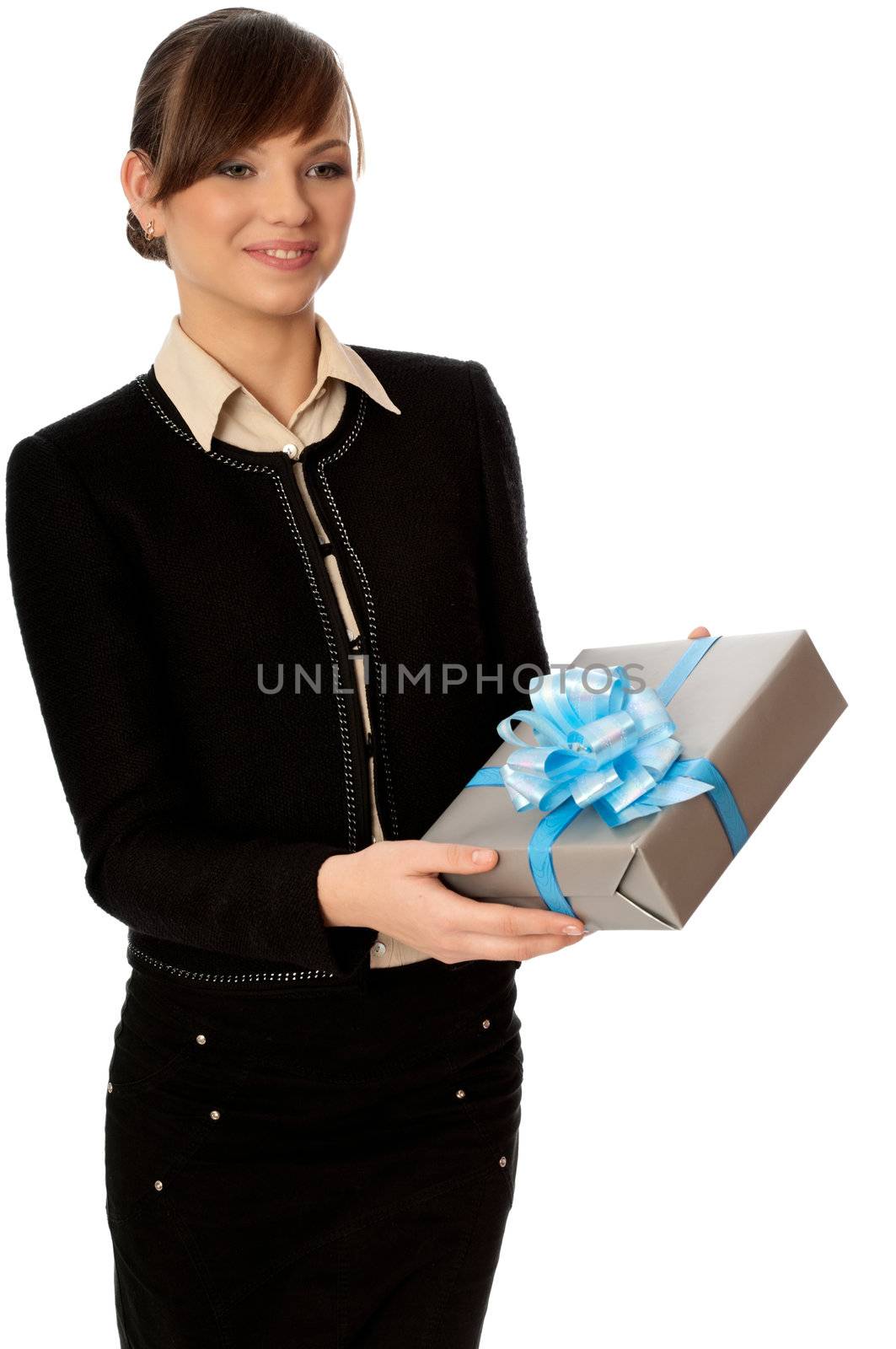 Woman holding a silver box with blue bow as a present