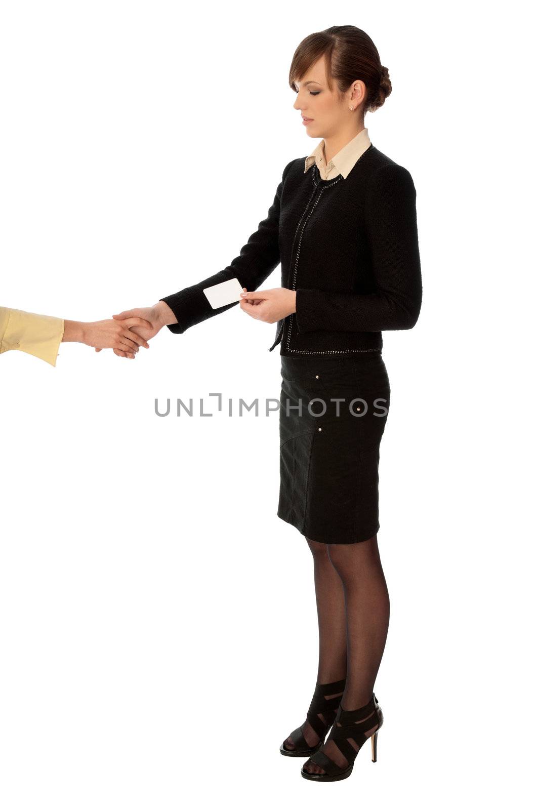 woman showing her badge at the entrance of meeting room and gives hand for a handshake