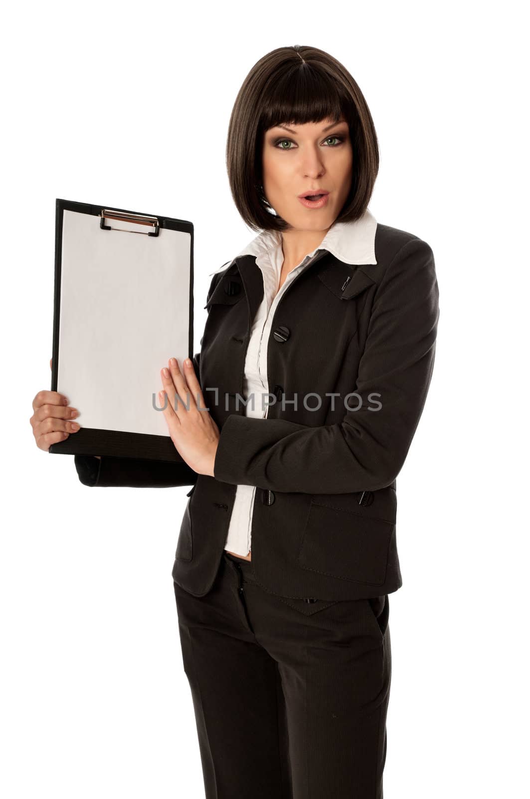 Woman holding clipboard with blank paper in the hand