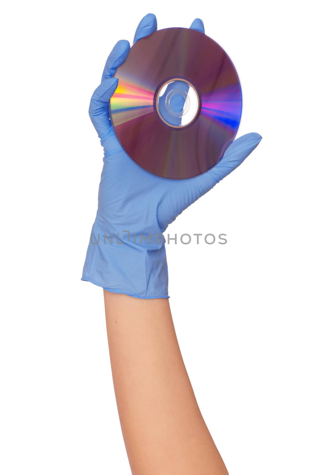 inspector in blue gloves holds in a hand confidential audio and video about hacker programs and viruses