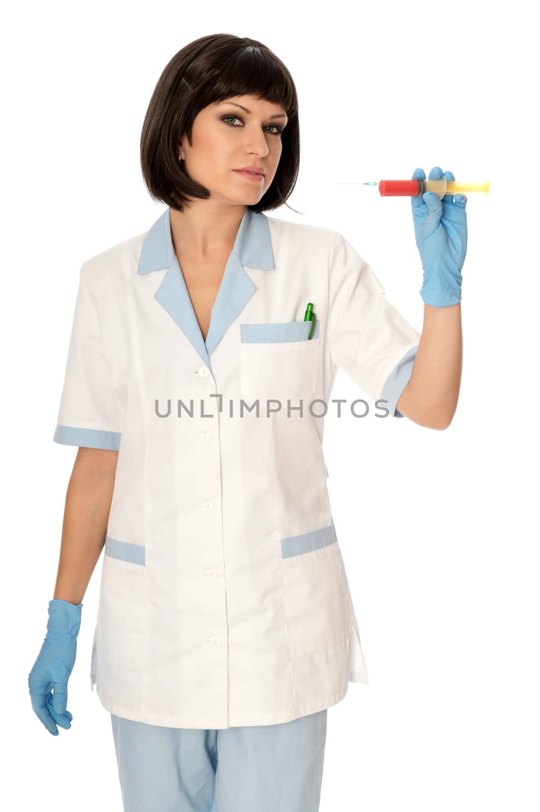 Woman holds in the hand syringe with a new antibiotic mixed with blood