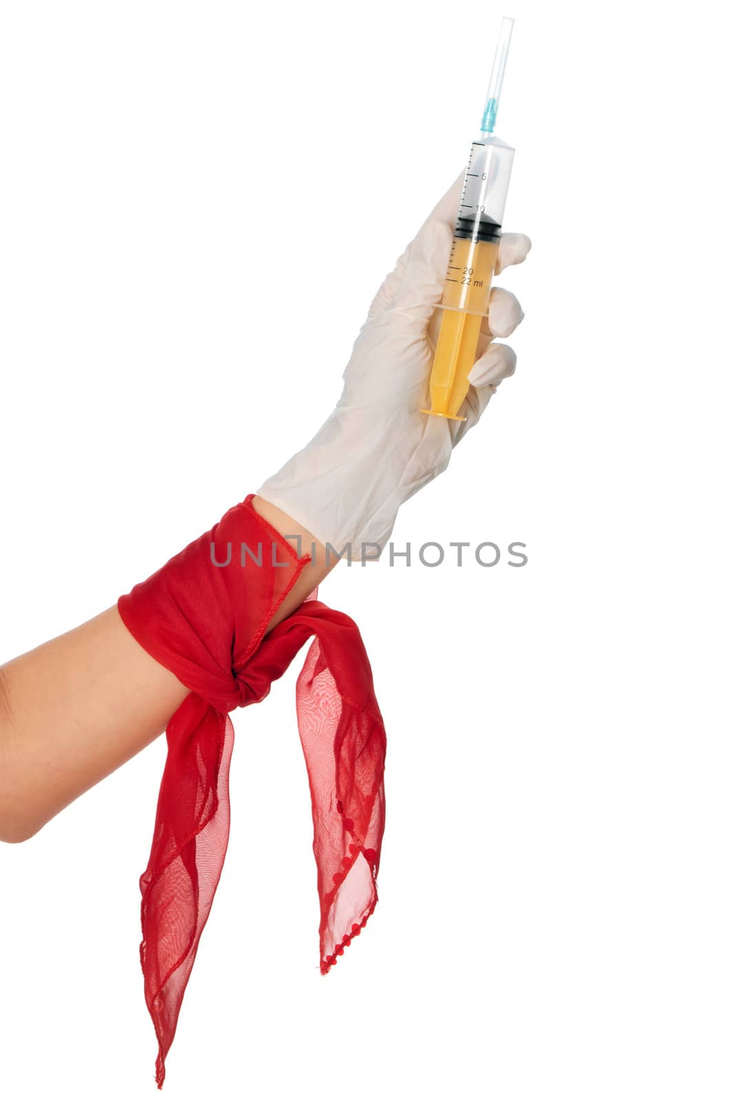 Doctor in white gloves with a syringe in the hand striking against medical reform