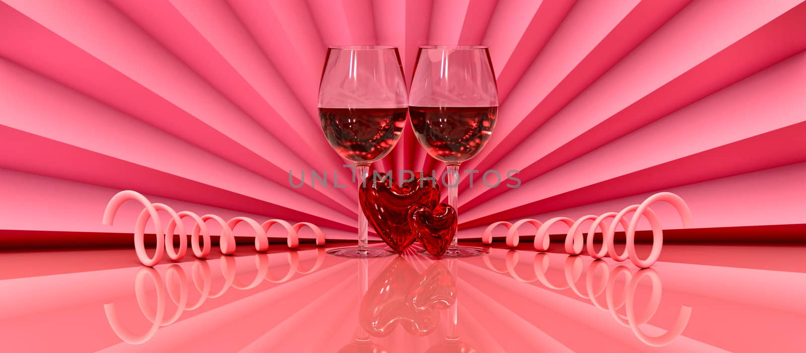 two wineglass with two hearts as symbol love on valentine's day on February, 14th