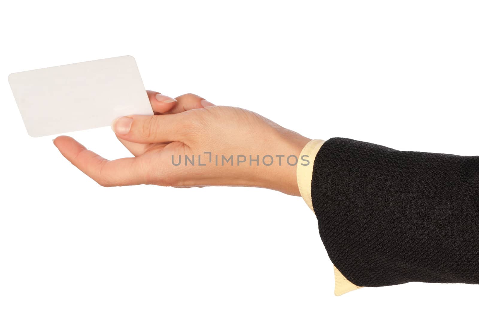 businesswoman giving her business card to the partners