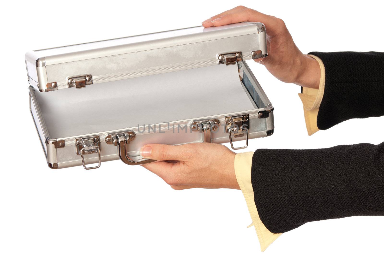 woman opening a silver metal case to put there money