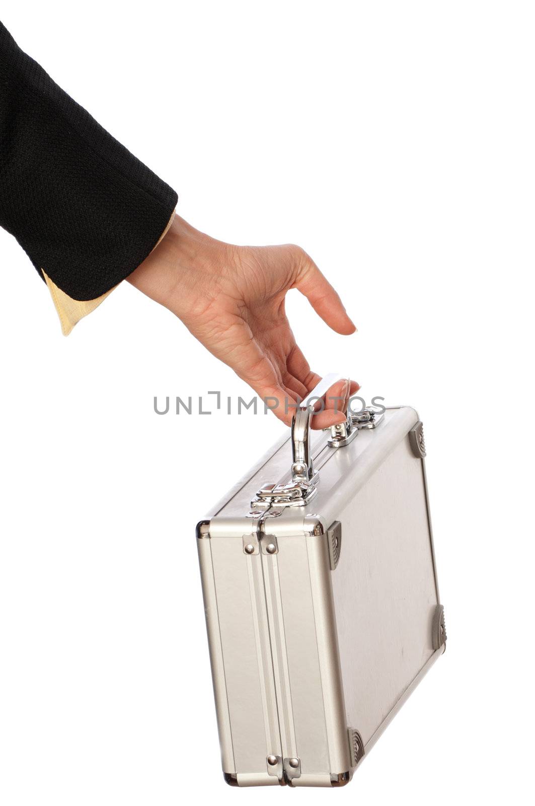 woman giving a silver metal case with money