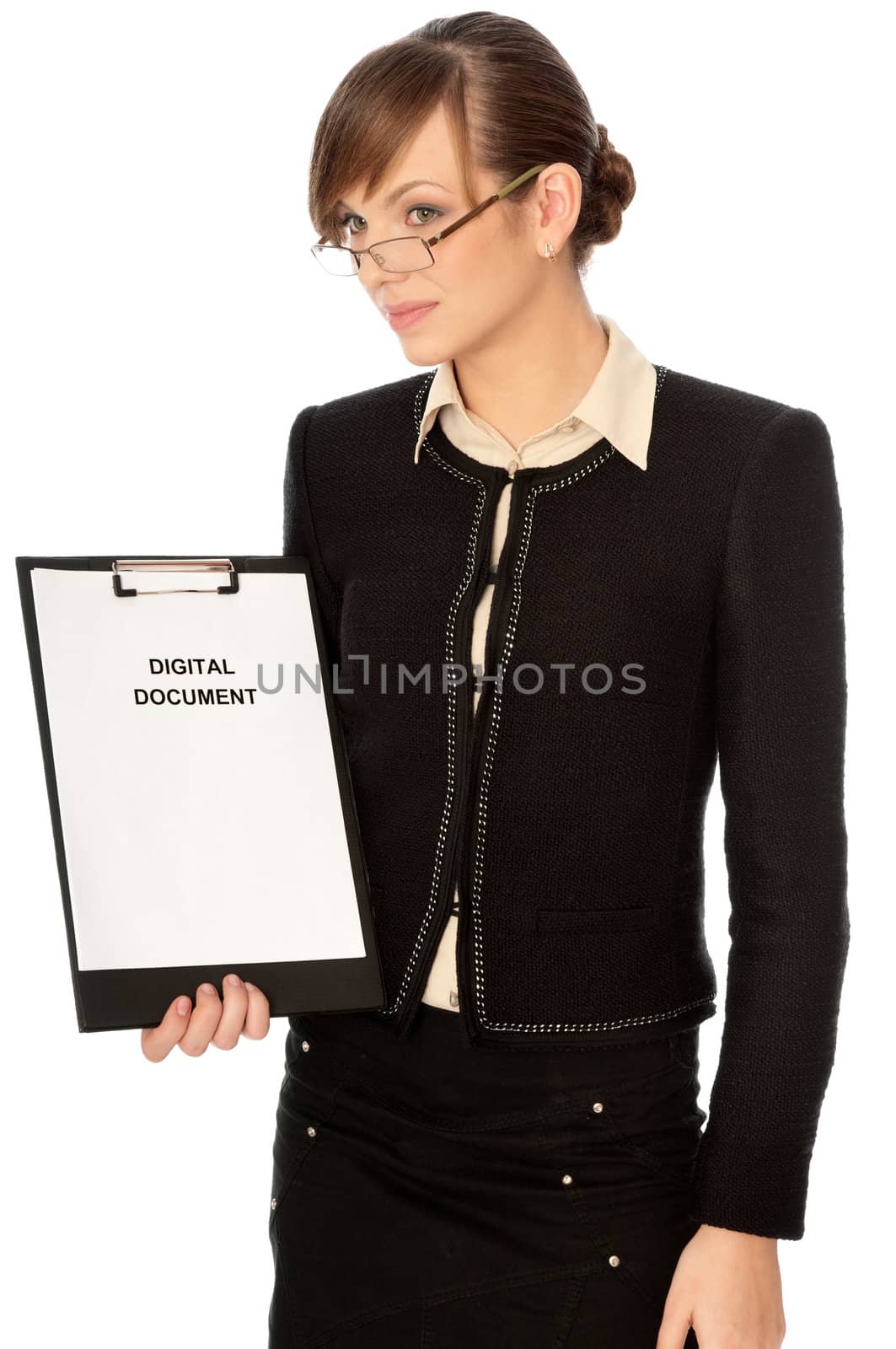 Businesswoman holding digital document in the hand and making presentation