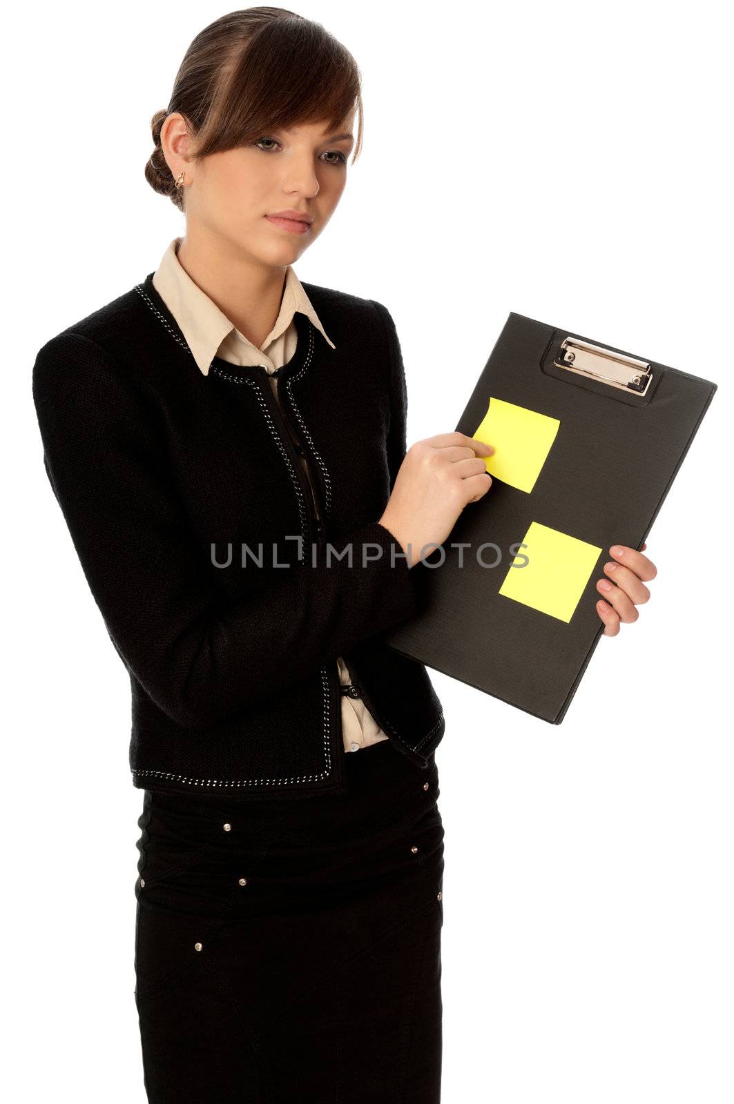 The office worker working in office and holding the document case with stickers in the hands