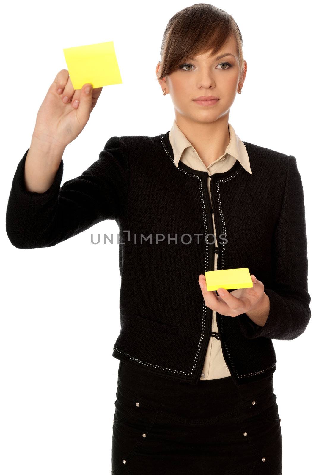 The office worker working in office and holding stickers in the hands