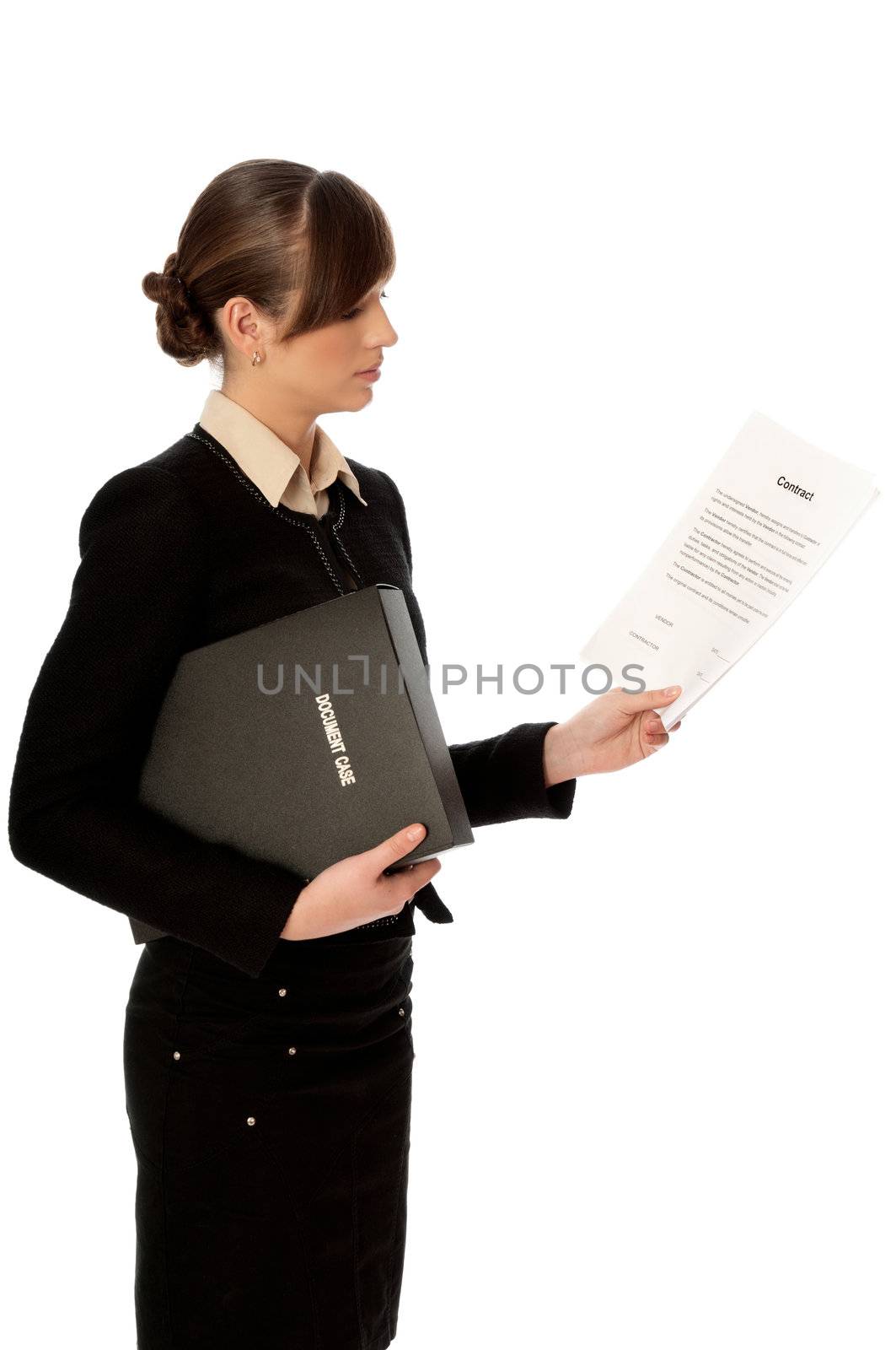 General director reading a contract for her partner