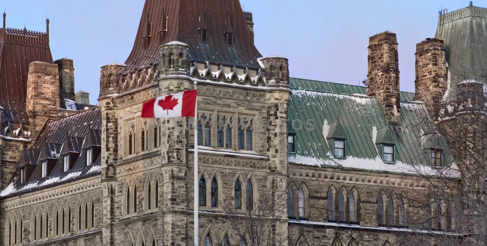 A closeup view of the canadian Parliament Centre Block from the Senate side in Ottawa, Canada.