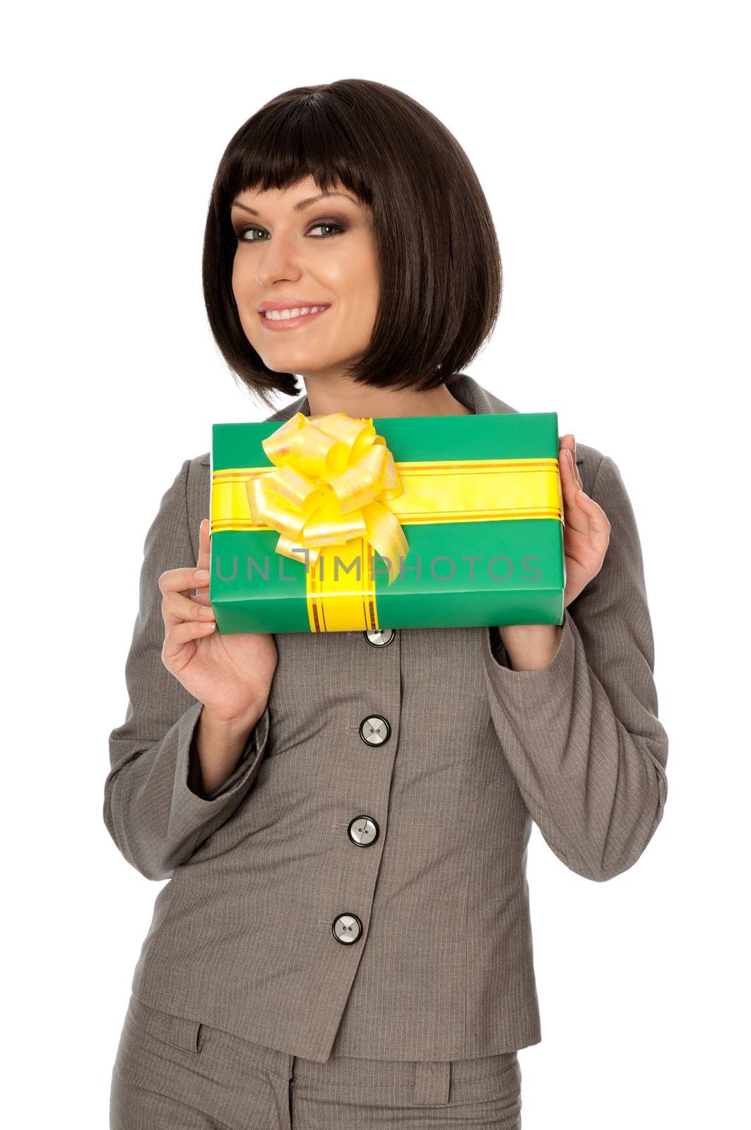 Woman holding a green box with yellow bow as a present