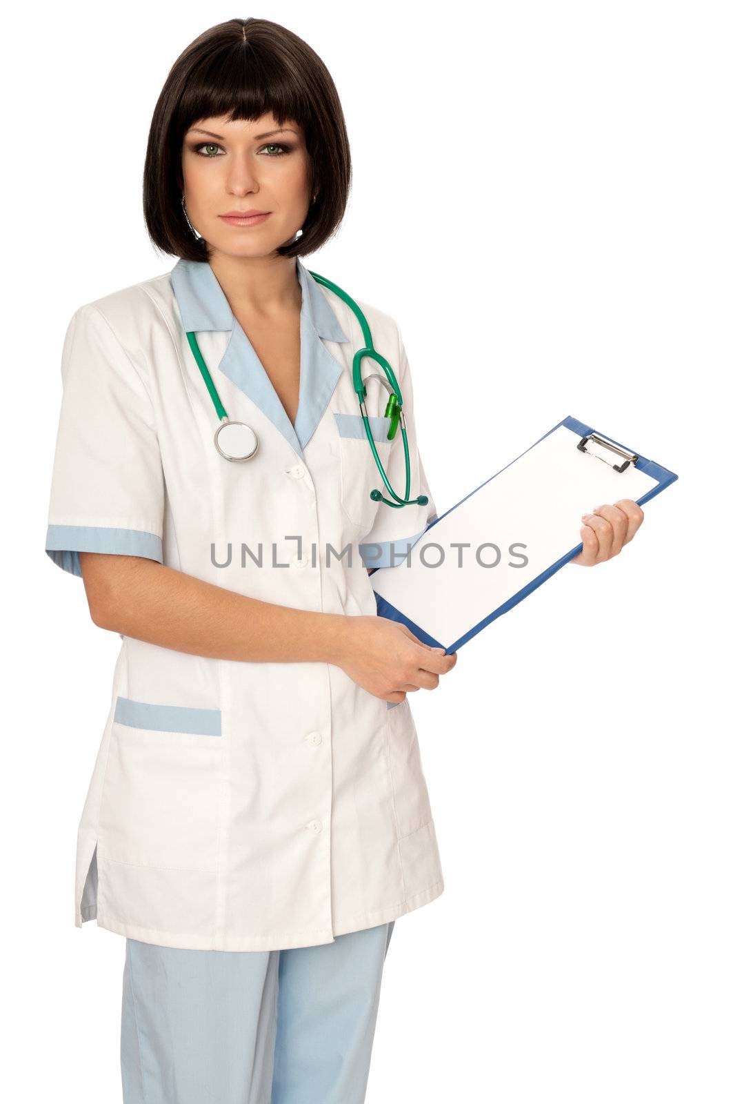 The doctor holding clipboard with blank paper in the hand