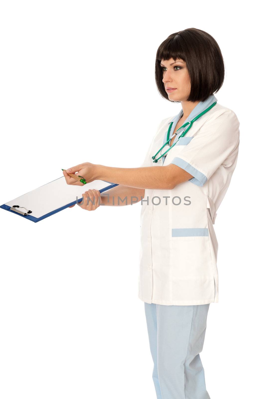 The doctor holding clipboard with blank paper in the hand