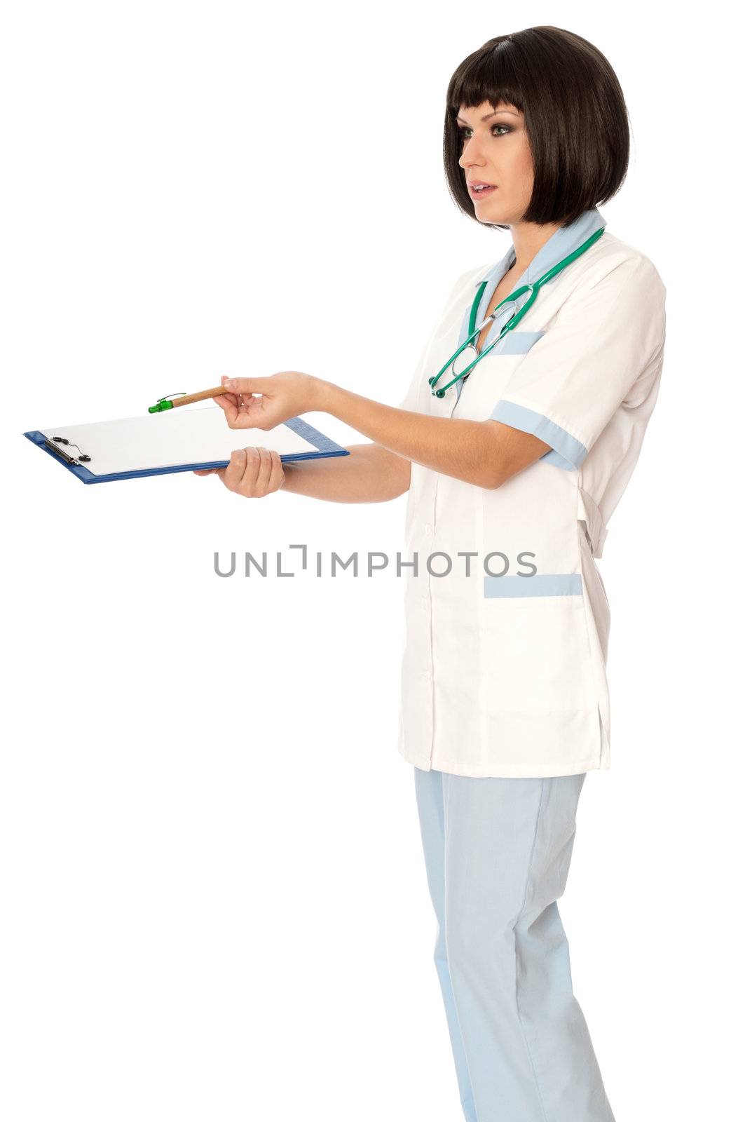 The doctor holding clipboard with blank paper in the hand